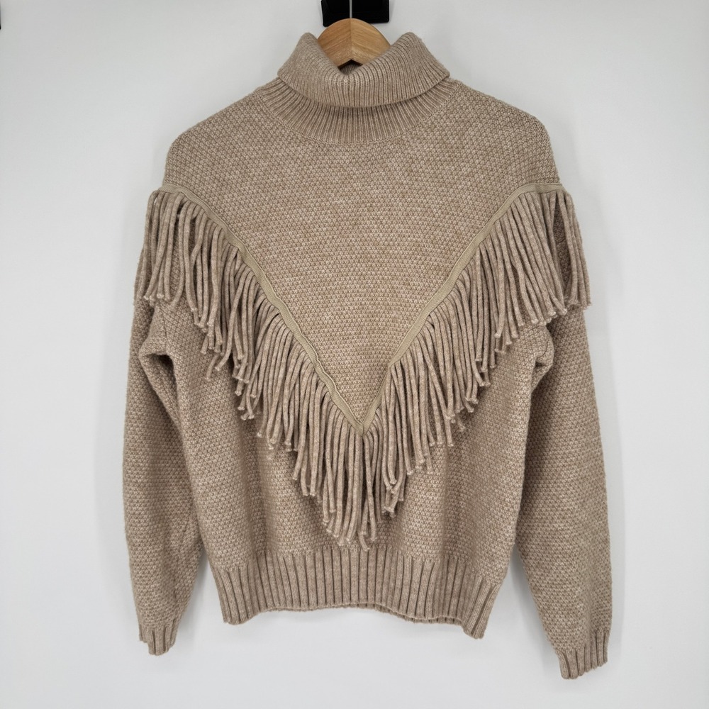 Fringe Turtleneck Sweater S Tan Knit Western Boho Cowgirl Desert Aesthetic Top